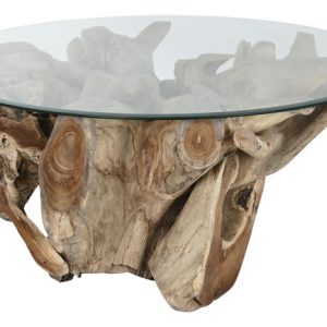 MESA CENTRO RAIZ DE TECA CRISTAL 100X100X45 MB-217916 Disponible ref13141