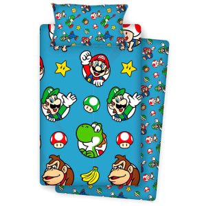 Juego sabanas Super Mario Bros 90cm Cama de 90cm. Tamaño sábana encimera: 160x260cm. Tamaño sábana bajera: 90x195+25cm. Tamaño funda almohada: 45x110cm Algodón y Poliéster ref0552